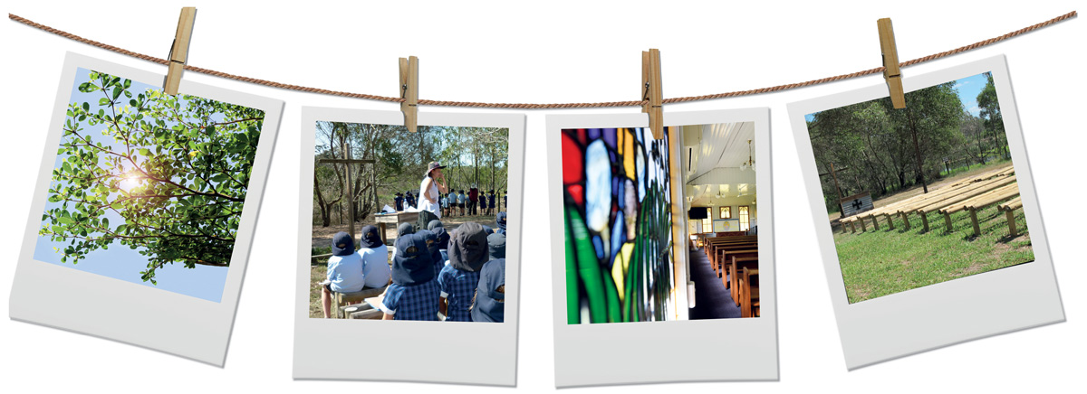 Anglican Values images pegged to a piece of string, featuring the bush chapel, stained glass window