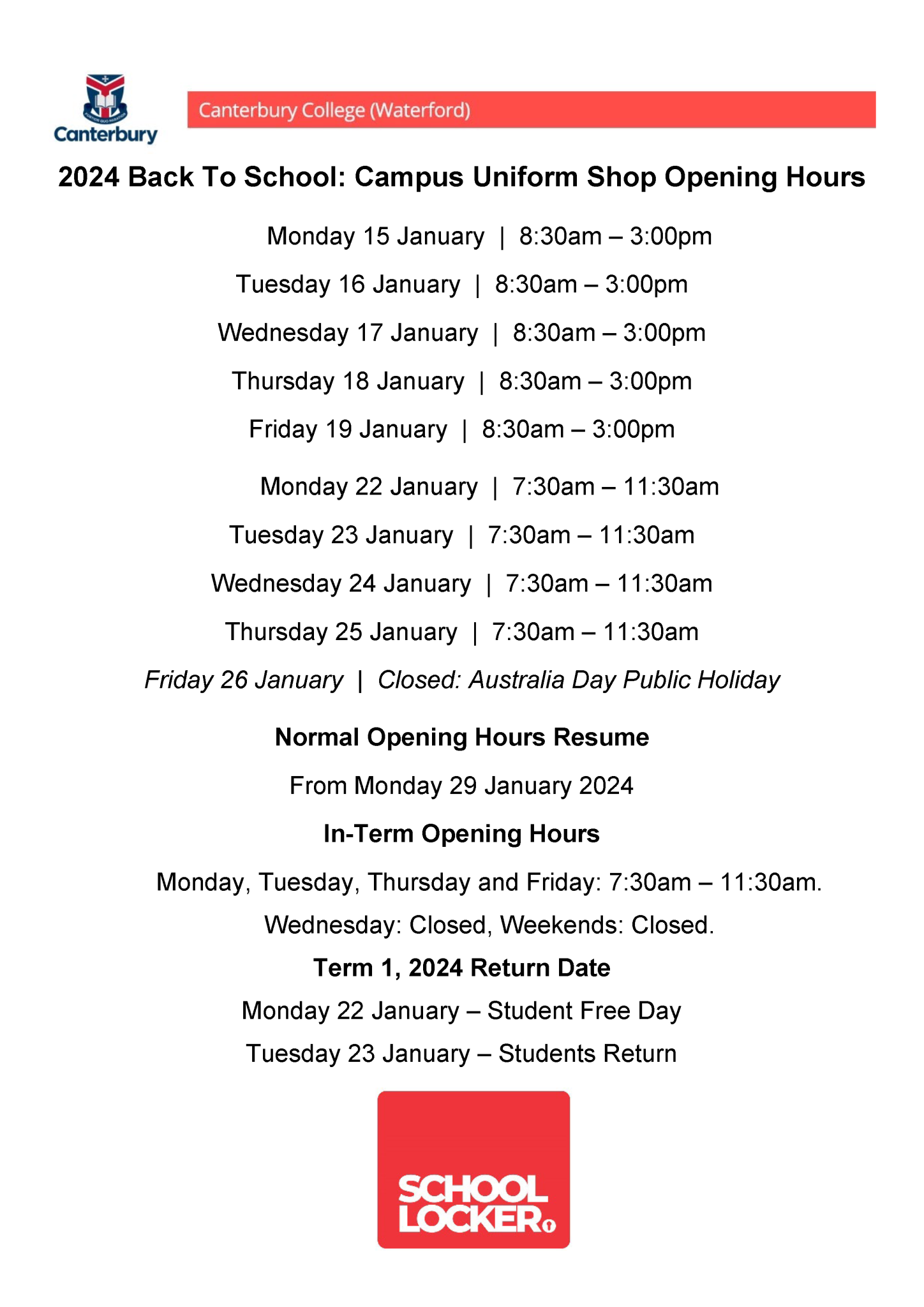 2024 Back To School Campus Uniform Shop Opening Hours Canterbury